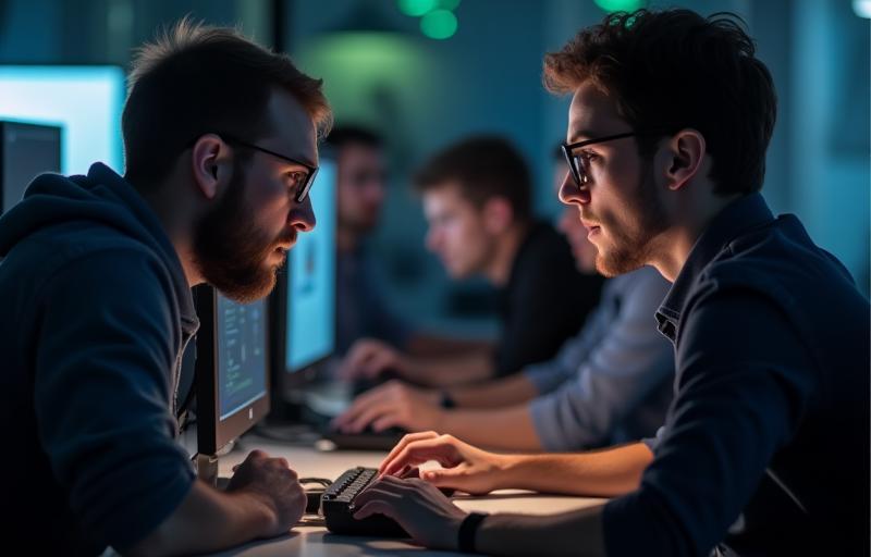 Developers collaborating and discussing code in front of computer monitors in the office