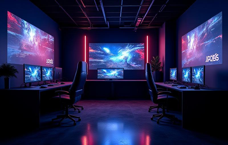 Dedicated esports lounge area in the Digital Play office with comfortable seating and large screens for gaming and viewing