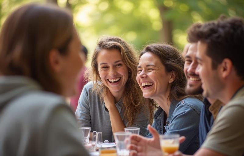 Digital Play team gathering and laughing during a company event, showing camaraderie